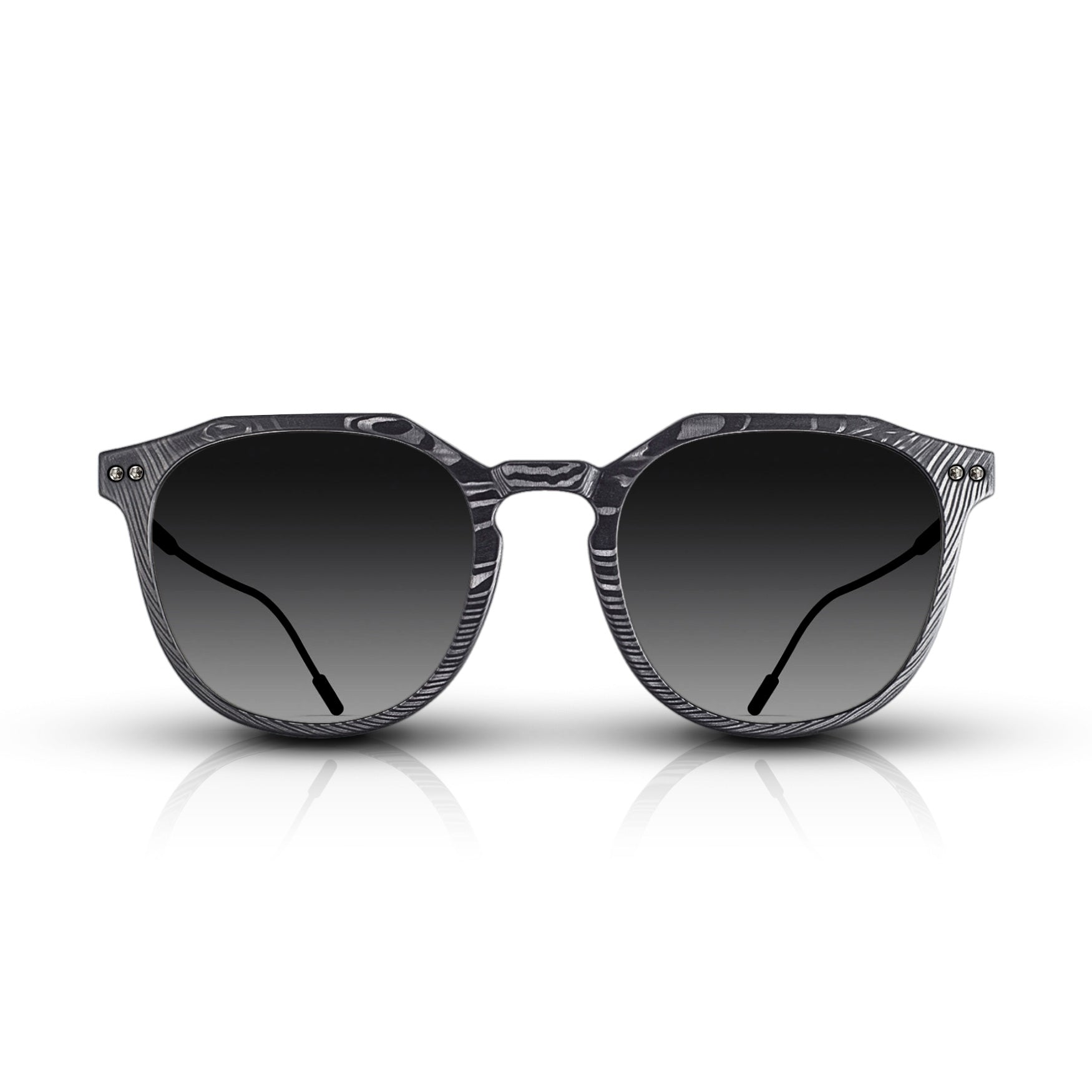 Front of the latest Roveri Eyewear CLM7 Black On Black Collection, pantos inspired sunglasses for men in UDCT® Machined Carbon Fiber, with dark gray gradient lenses and black PVD Beta-Titanium frame, handmade in Italy.