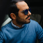Andrea Mazzuca photoshoot for Roveri Eyewear wearing the new sunglasses collection CLM7 DEEP OCEAN, a premium handmade in Italy beta-titanium frame with NTPT carbon fiber front frame in his Range Rover in Milan, Italy.