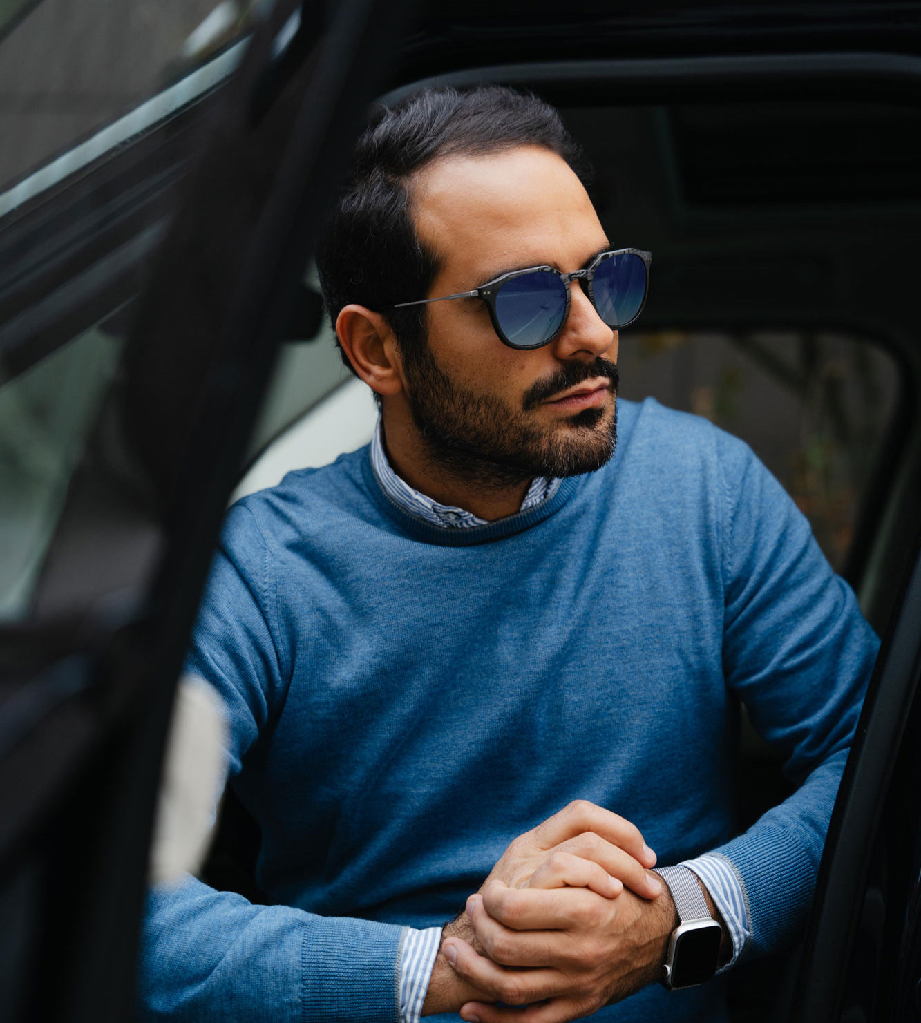 Andrea Mazzuca photoshoot for Roveri eyewear wearing the new CLM7 DEEP OCEAN in his Range Rover in Milan, Italy.