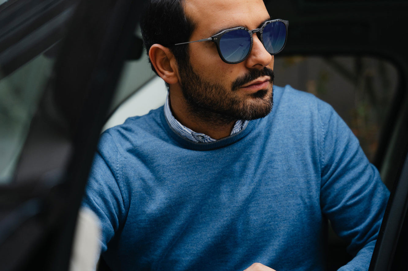 Andrea Mazzuca photoshoot for Roveri eyewear wearing the new CLM7 DEEP OCEAN in his Range Rover in Milan, Italy.