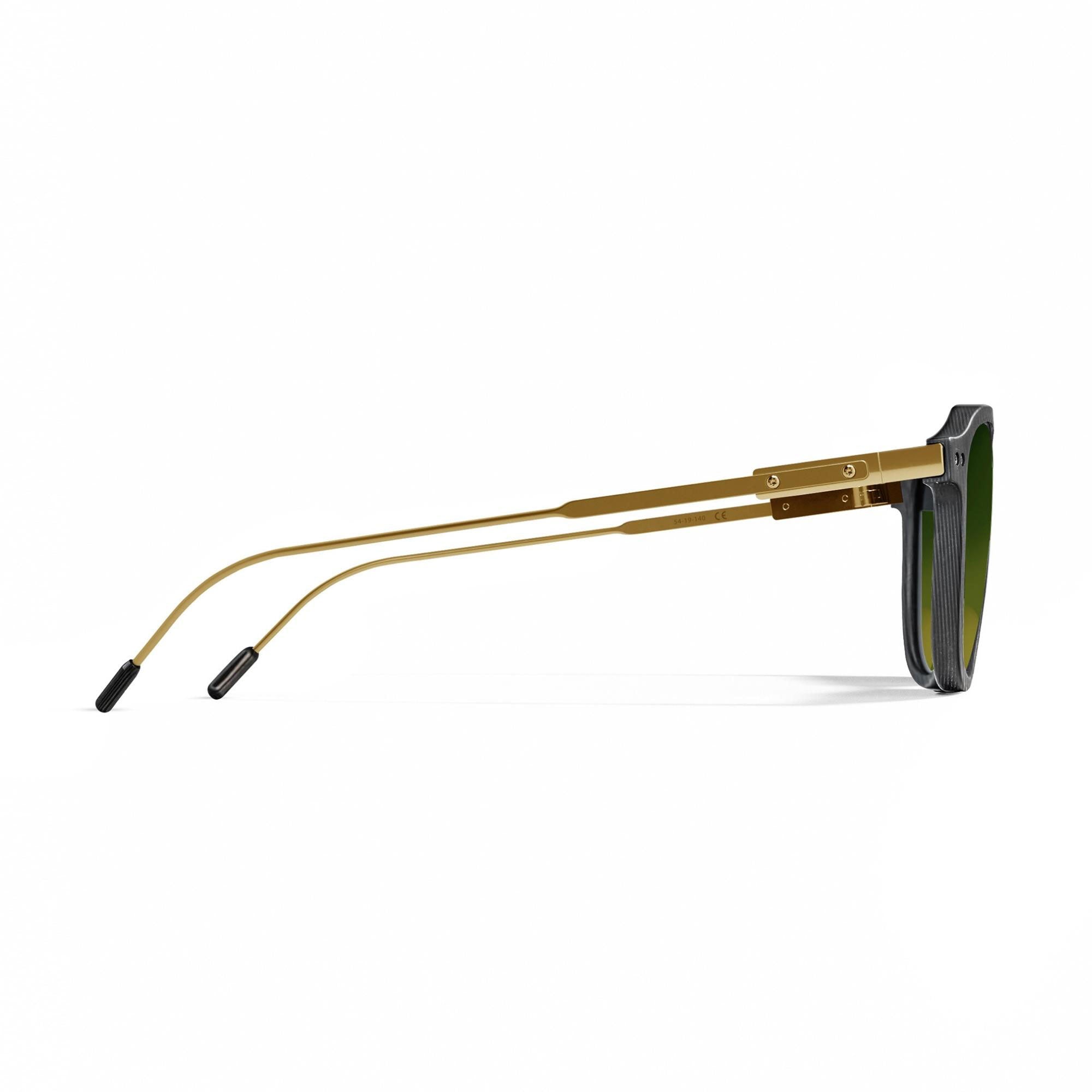 Side of the latest Roveri Eyewear CLM7 Brick Collection, pantos inspired sunglasses for men in NTPT Machined Carbon Fiber, with dark green gradient lenses and gold plated Beta-Titanium frame, handmade in Italy.