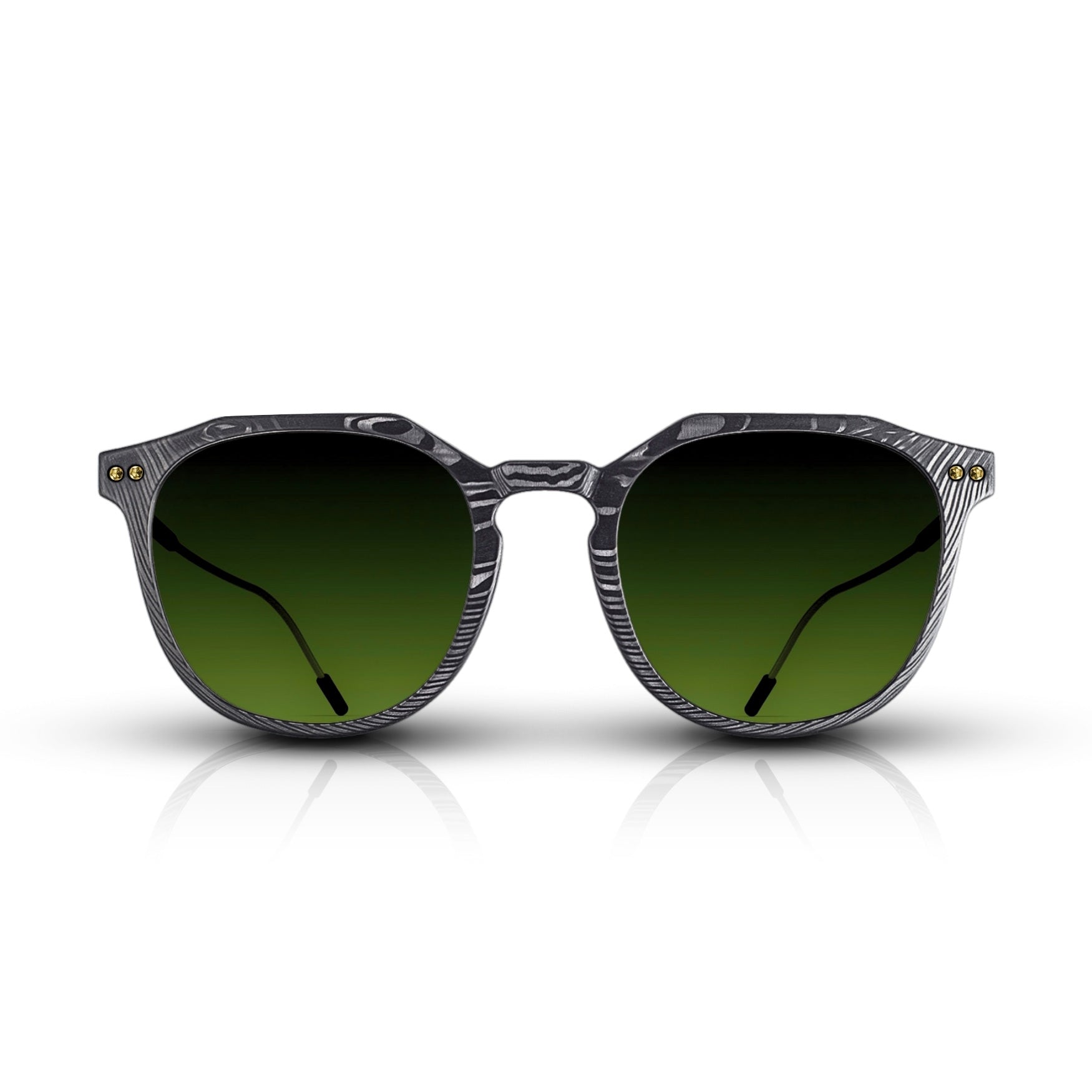 Front of the latest Roveri Eyewear CLM7 Brick Collection, pantos inspired sunglasses for men in UDCT® Machined Carbon Fiber, with dark green gradient lenses and gold plated Beta-Titanium frame, handmade in Italy.