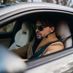 Photoshoot with Andrea Mazzuca in Milan, with Ferrari F12, for the new carbon-titanium collection CLM7 BRICK, with gold titanium frame and dark green lenses.