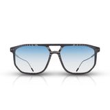 Front of the latest Roveri Eyewear The Miami Blue from the latest Gunther Werks Collection, vintage squared Pilot inspired sunglasses for men in UDCT® Machined Carbon Fiber, with light blue gradient lenses and satin Beta-Titanium frame, handmade in Italy.